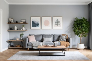 Modern living room interior with grey sofa, coffee table, shelving unit, stylish lamp, painting, and indoor tree.