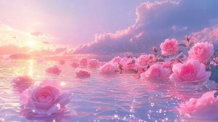 Pink roses, clouds in the sky, moonlight, a sky full of pink rose flowers, a pink sea of flowers floating on water, a beautiful sky background, in the style 