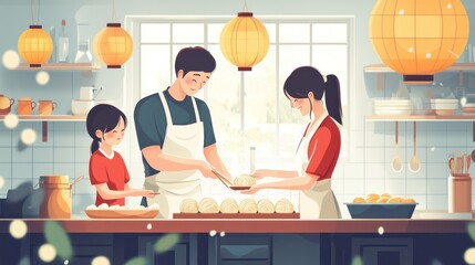 Family Cooking Together in Cozy Kitchen, Preparing Fresh Dough, Enjoying Quality Time with Each Other, Warm Atmosphere, Light Streaming Through Window
