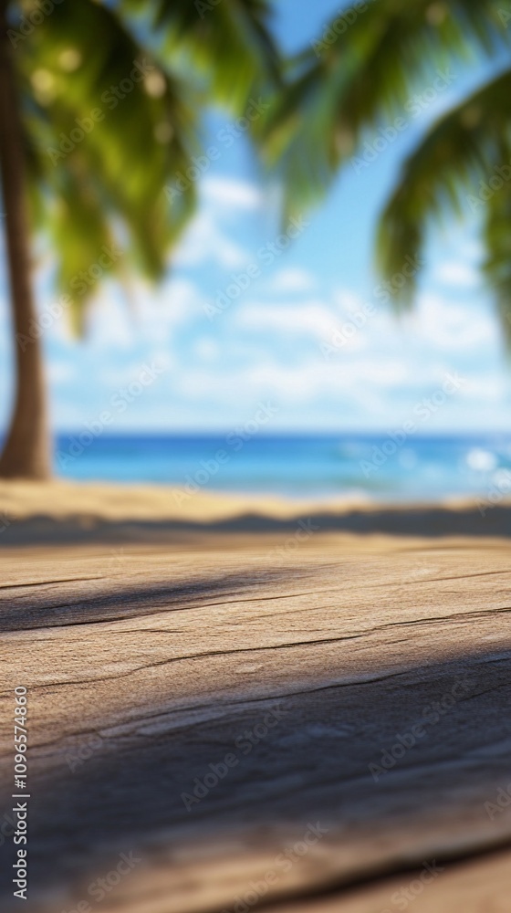Poster a beach scene with a palm tree in the background