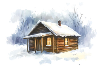 A cozy wooden cabin covered in snow, illuminated by warm light from its windows.