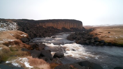 River flows through basalt columns, winter landscape.