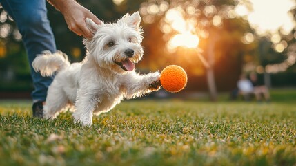 Happy Dog Playing with Bright Orange Ball in Sunset Park Scene