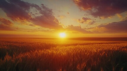 Fototapeta premium A field of golden wheat with a bright orange sun in the sky
