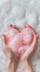 Fototapeta premium Creating heart shape with gloved hands in pink soap bubbles evokes sense of love and care. soft texture and playful atmosphere enhance emotional expression