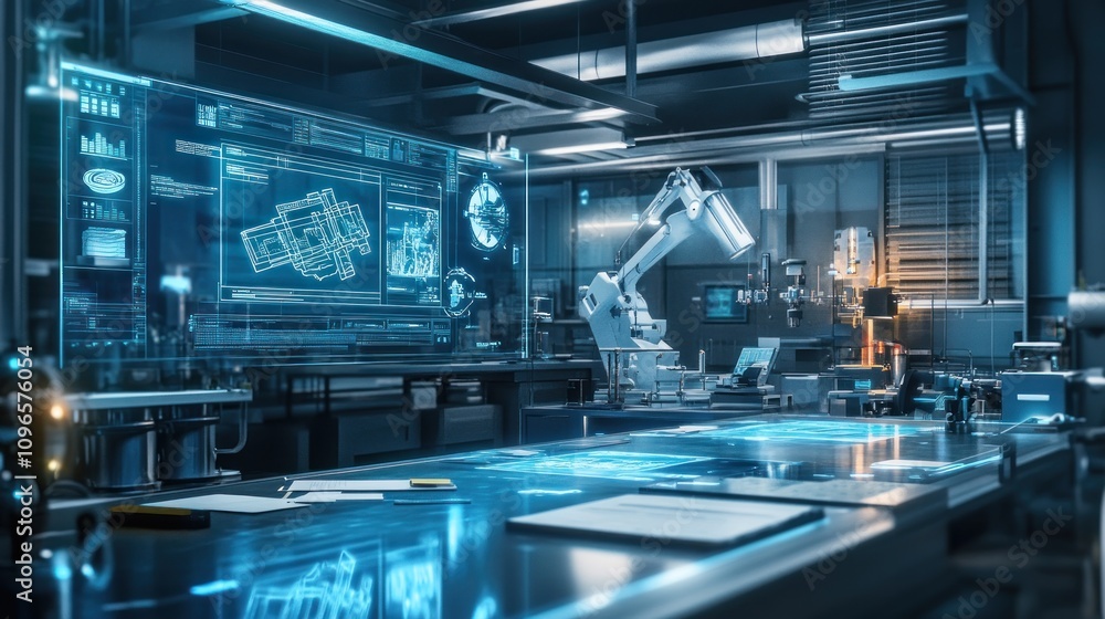 Poster futuristic smart factory with robotic arm and holographic displays showing engineering designs.