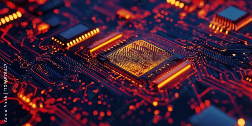 Poster a close-up view of a microchip being inspected under a microscope, showcasing intricate details on a