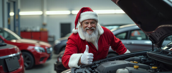 Jolly Santa Claus dressed in his classic red suit working under the hood of a car, smiling and...