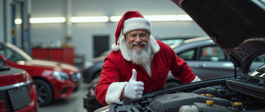 Jolly Santa Claus dressed in his classic red suit working under the hood of a car, smiling and giving a thumbs up. The image evokes holiday cheer and unexpected surprises.

