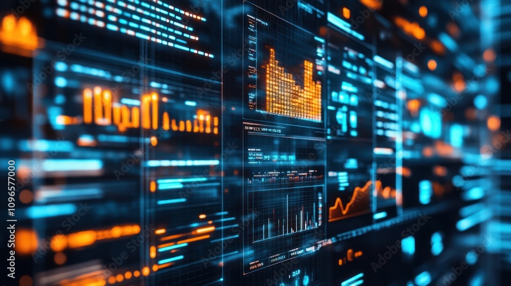 Poster abstract digital data visualization with glowing orange and blue lines, charts, and graphs on a dark