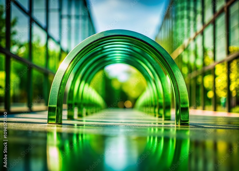 Poster captivating transparent green gradient arch in a minimalistic tilt-shift style with geometric shapes