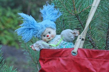one toy doll with blue hair lies in a red leather bag that hangs on a green branch of a pine tree...