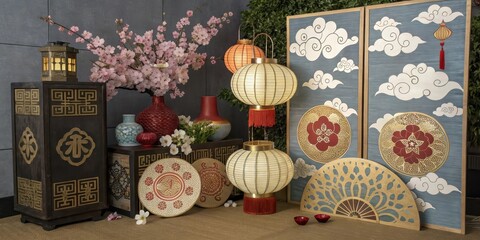 An Asian-inspired interior design scene featuring ornate lanterns, decorative vases, and intricately carved wooden furniture