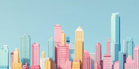 Obraz premium A colorful, stylized skyline featuring various skyscrapers and buildings against a light blue background