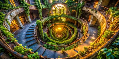 Obraz premium Captivating Urban Exploration Photography Featuring a Mesmerizing Spiral Glow in an Abandoned Cityscape with Vibrant Colors and Intriguing Light Effects