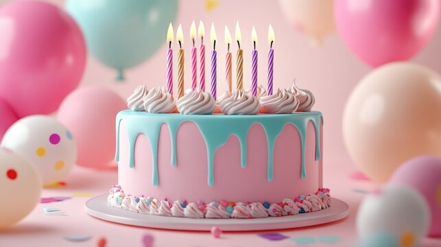 Colorful Birthday Cake with Candles Surrounded by Balloons and Decorations, Celebrating Growing Up, Joyful Moments and Special Occasions