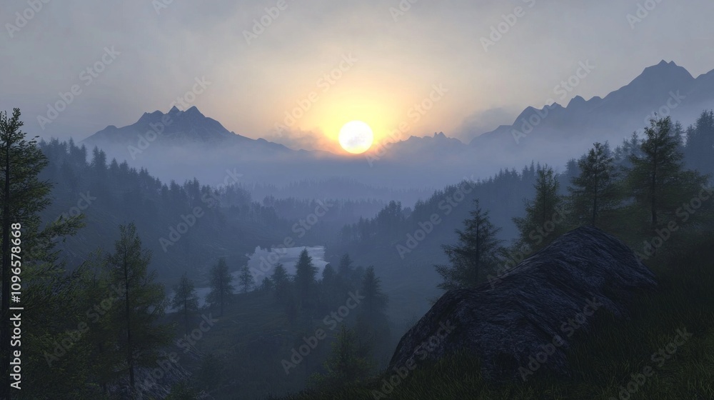 Poster a mountain range with a large rock in the foreground