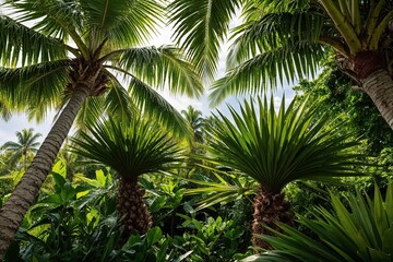 Tropical Palms in Lush Greenery: A Closeup of Nature's Vibrant Flora