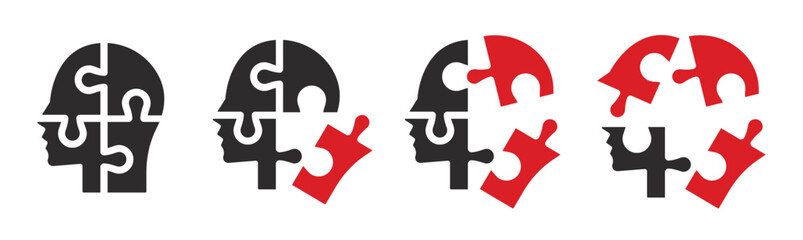 Set of human heads with puzzles icons. Puzzle human face, mental health, logical thinking, idea, business, business project. Vector.