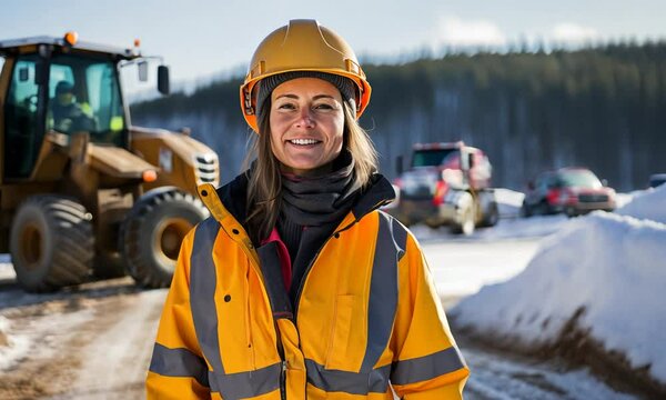 Female road worker on winter snowy road with heavy equipment wearing safety gear and hard hat