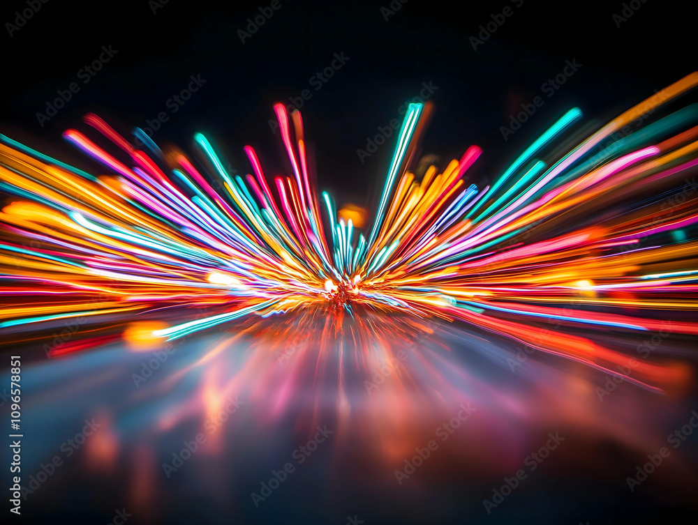Poster a vibrant display of colorful light streaks creating a dynamic, energetic effect, conveying movement