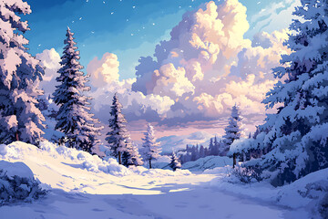 A serene winter landscape featuring snow-covered trees and a vibrant sky.