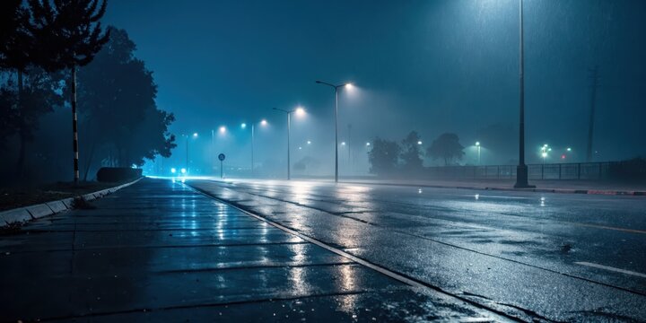 Rainy Night Street Scene Empty Road Underneath Glowing Streetlights in Fog