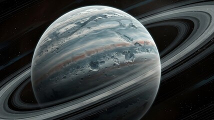 Gray-Blue Planet with Rings in Space