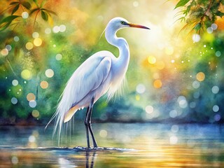 Naklejka premium Captivating Watercolor Painting of an Egret Amidst a Dreamy Bokeh Background, Showcasing the Grace of Wildlife and Nature in a Stunning Artistic Expression