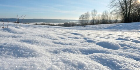 A pristine blanket of untouched snow sparkles under a brilliant winter sun, offering a breathtaking view of a serene landscape.
