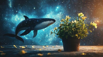 Obraz premium The friendship between a telepathic moon whales and a petunia pot