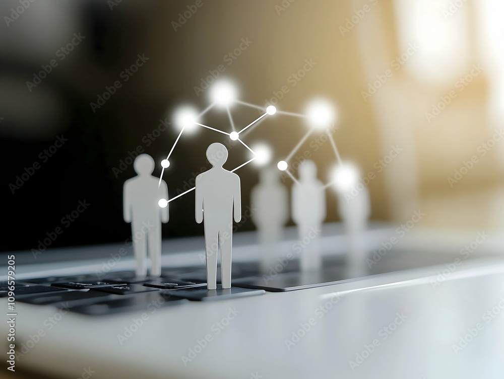 Poster a creative representation of digital connections, featuring miniature figures on a laptop, symbolizi