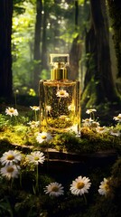 A perfume bottle surrounded by daisies in a serene forest setting.