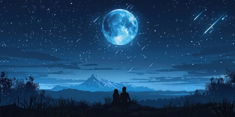 Naklejka premium Starry Night Romance Under a Full Moon