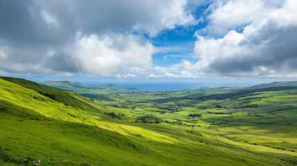 Fototapeta premium Panoramic View of Lush Green Hills and Volcanic Craters in Azores
