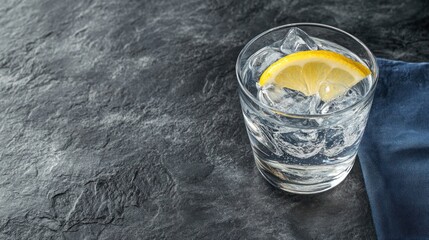 A refreshing glass of water with ice and a lemon slice.