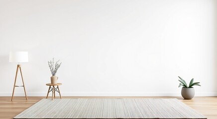Minimalist living room interior with white walls and wooden floor, featuring a rug, a plant, and a lamp.