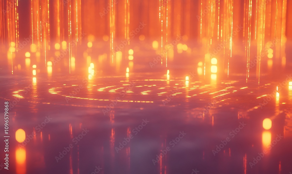 Poster a glowing abstract scene with floating lights and patterns, evoking a digital atmosphere.