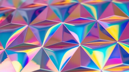 Iridescent geometric pattern. Shimmering holographic triangles create a vibrant, colorful texture.