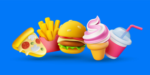 Vector illustration of realistic set of fast food icon. Burger, pizza, ice cream, drink and french fries. 3d style design of fast food collection with pizza, ice cream, hamburger, fries and cup