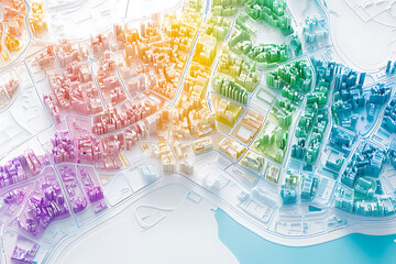Obraz premium Colorful 3D map representation of a modern city showcasing building layouts and urban planning
