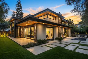 Modern house exterior with landscaped garden at sunset in a serene neighborhood