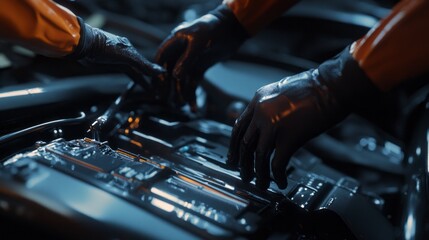 Two people are working on a car engine, one of them wearing orange gloves