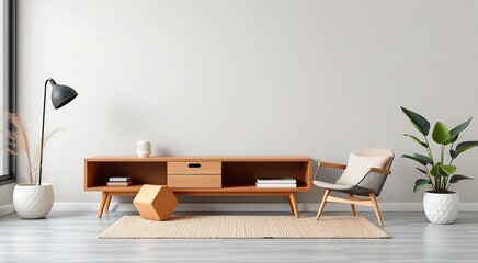 Modern living room with wooden shelf, armchair, and floor lamp.