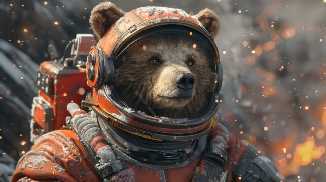 Photorealistic depiction of a bear as a space commander, featuring high detail, sharp focus, and soft shadows for a dramatic and futuristic look