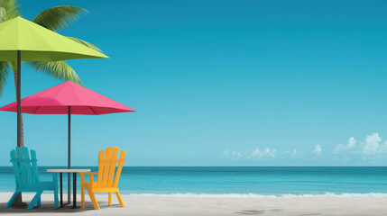 Cheerful Beachside Cafe with Colorful Umbrellas and Relaxing Ocean View