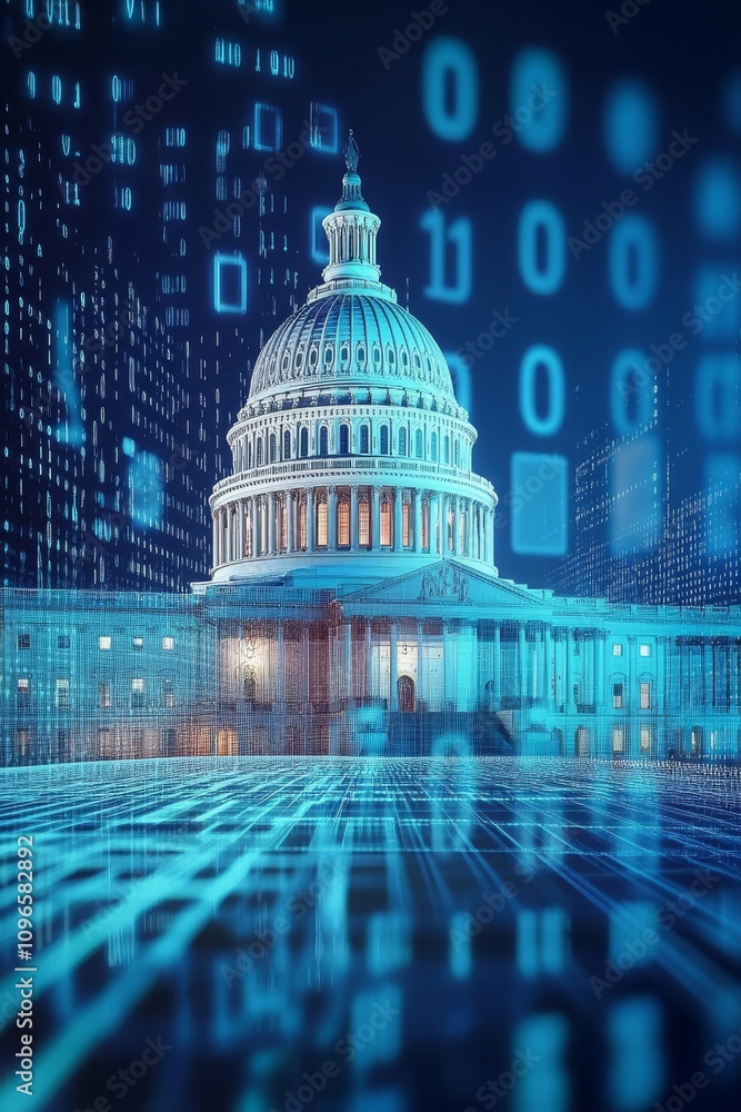 Poster a striking digital image of the historic u.s. capitol building blends with binary code, showcasing m