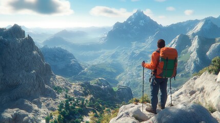 Stunning Hyper-Realistic Landscape of a Solo Hiker Overlooking Majestic Mountains and Valleys Under a Bright Blue Sky with Fluffy Clouds