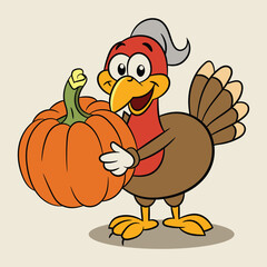 Hand drawn turkey holding huge pumpkin vector illustration