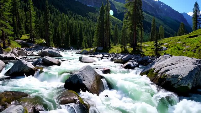 A mountain river flowing rapidly over rocks surrounded by tall pine trees and lush greenery